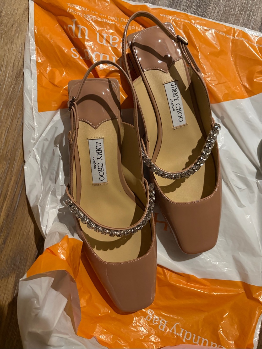 Jimmy Choo nude Patent Slingback block heel with Crystal Strap